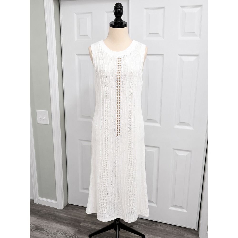 Bsubseach White Open Knit Dress Size M Summery Crochet Cover-up Boho Peasant